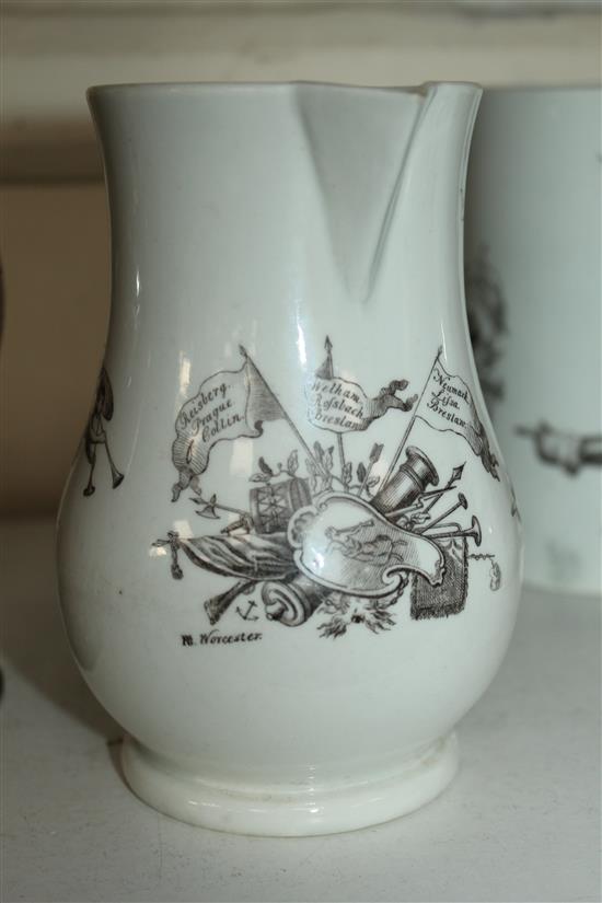 A Worcester black printed King of Prussia baluster jug, dated 1757, 5.75in.